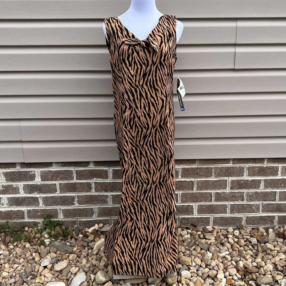 Sag Harbor Tiger Print Sleeveless Dress Bow‎ Detail Size 10 Midi Length